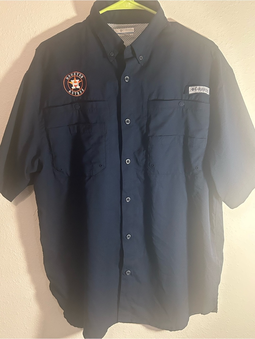Columbia Navy Short-Sleeve Button-Down Shirt with Houston Astros Patch